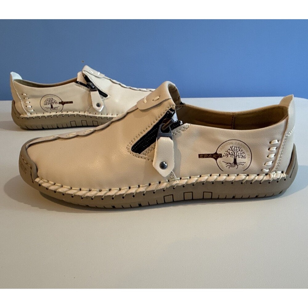 AOOI Men’s Beige Leather Slip-On Moccasins Casual Shoes Zipper Comfort Sz 7 New